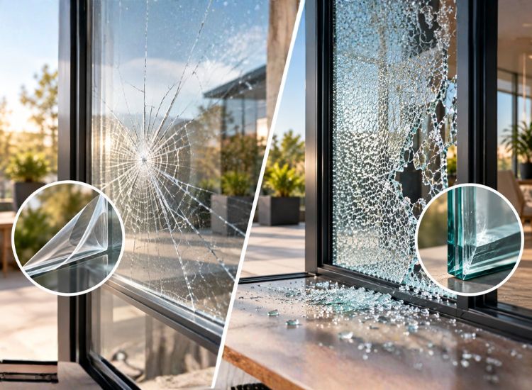 Säkerhetsfilm eller säkerhetsglas – jämförelse av hur glaset hålls ihop när det går sönder.