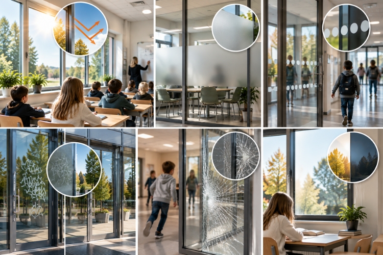 Glas i skolor och förskolor med fönster, glasdörrar och glasväggar.