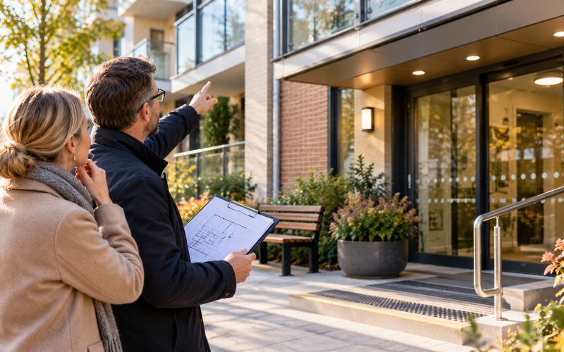 Fastighetsägare och förvaltare planerar förbättringar i fastigheten vid en entré med glaspartier.